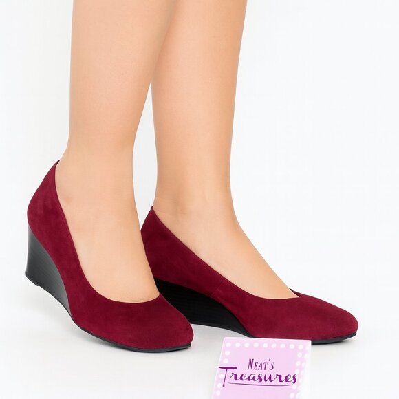Vionic ANTONIA Burgundy Suede Leather Arch Support Slip On Wedge Shoes Sz 6.5 W - Picture 1 of 16